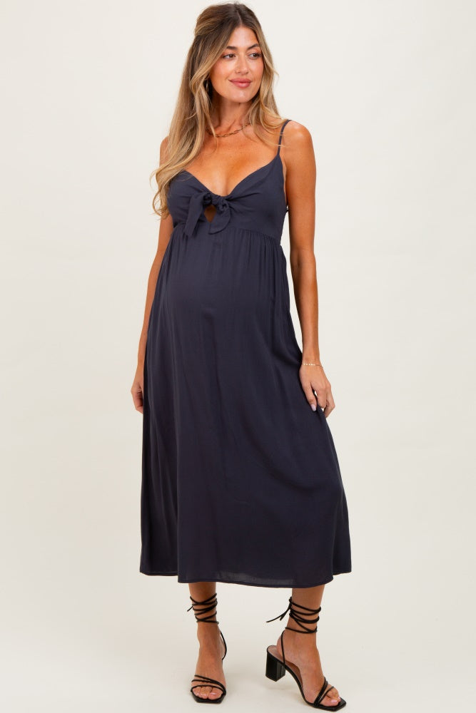 Navy Front Tie Sleeveless Maternity Midi Dress