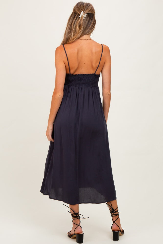 Navy Front Tie Sleeveless Maternity Midi Dress