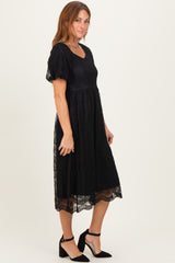 Black Lace Sweetheart Neck Short Sleeve Midi Dress