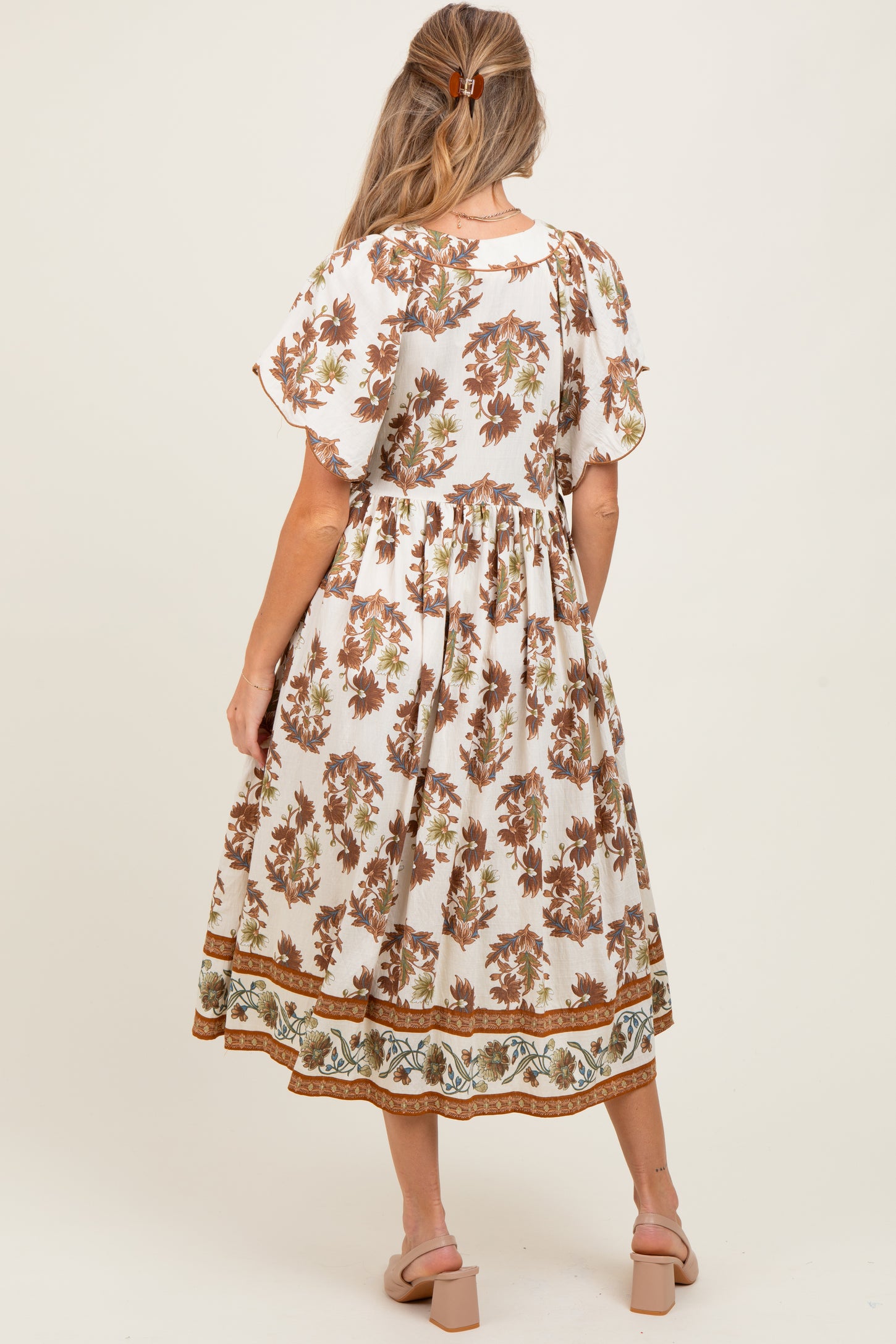 Mocha Floral V-Neck Button Detail Maternity Mid Dress