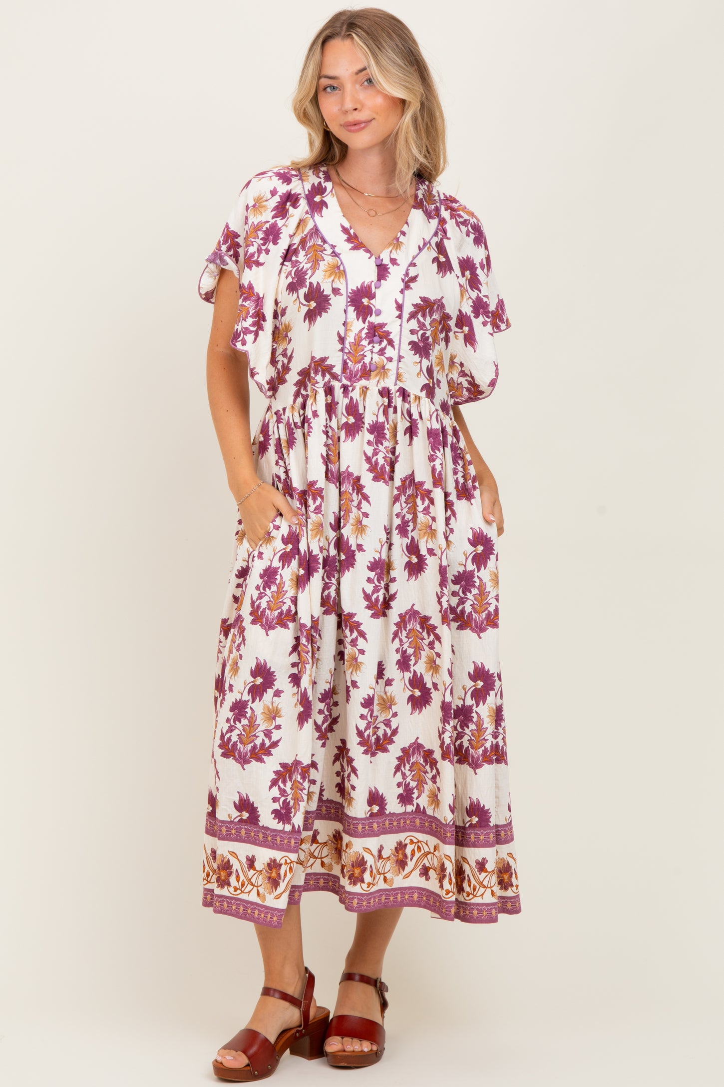 Plum Floral V-Neck Button Detail Maternity Mid Dress