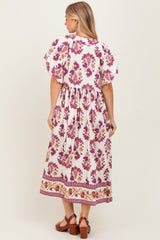 Plum Floral V-Neck Button Detail Mid Dress