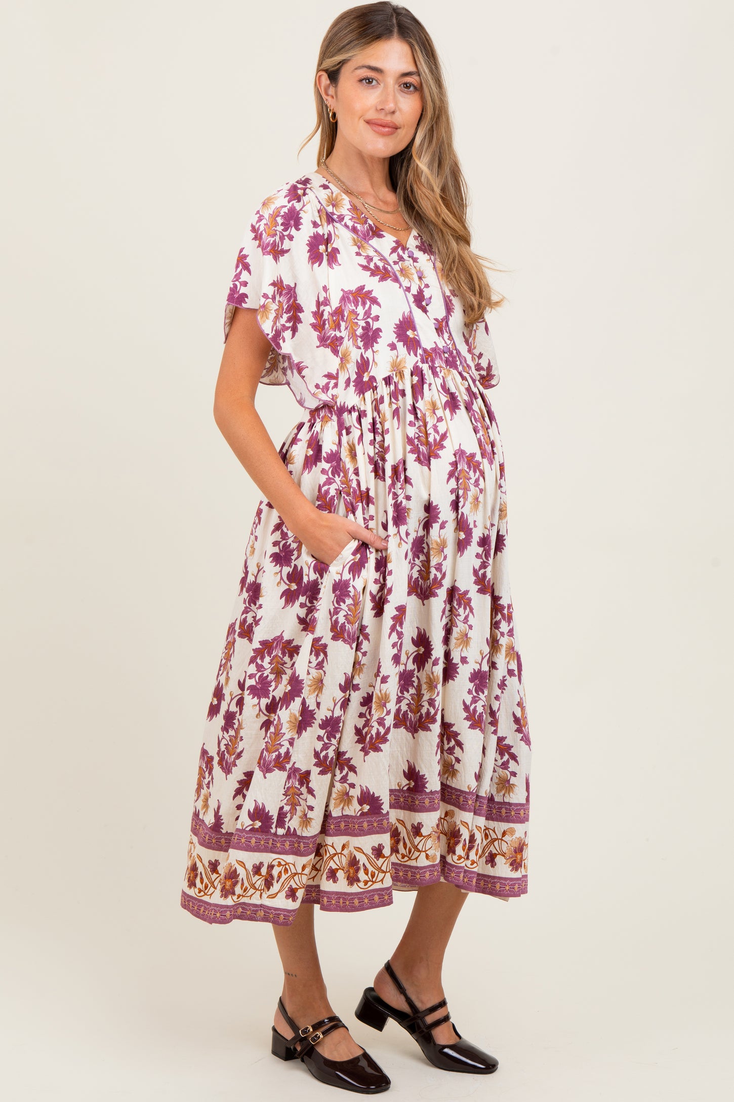 Plum Floral V-Neck Button Detail Maternity Mid Dress