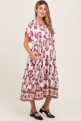Plum Floral V-Neck Button Detail Maternity Mid Dress