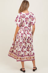 Plum Floral V-Neck Button Detail Maternity Mid Dress
