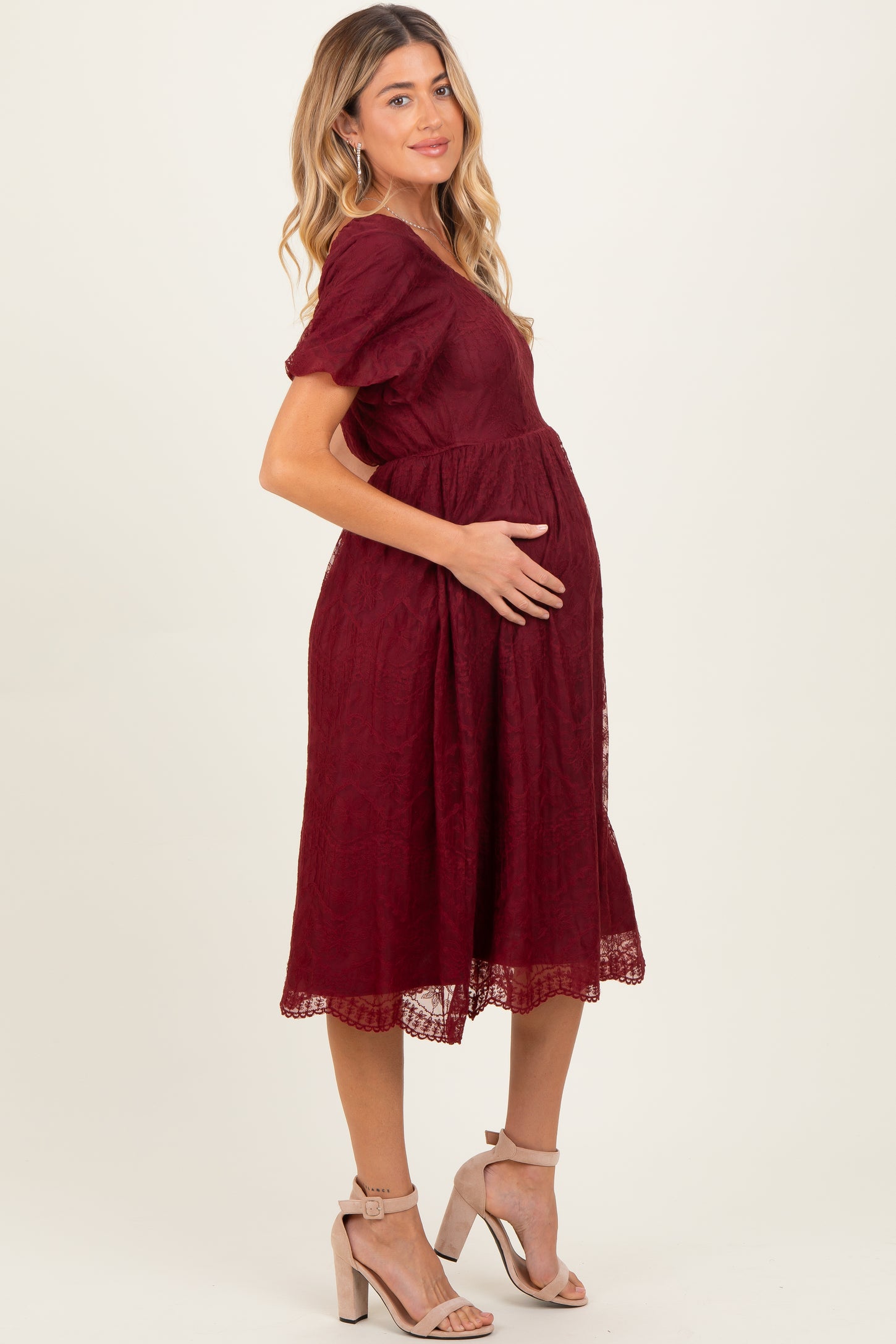 Burgundy Lace Sweetheart Neck Short Sleeve Maternity Midi Dress