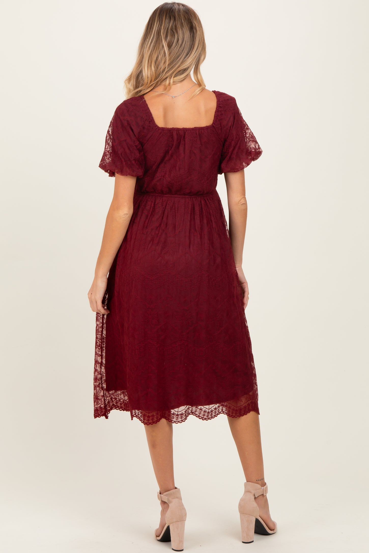 Burgundy Lace Sweetheart Neck Short Sleeve Maternity Midi Dress