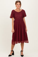 Burgundy Lace Sweetheart Neck Short Sleeve Midi Dress