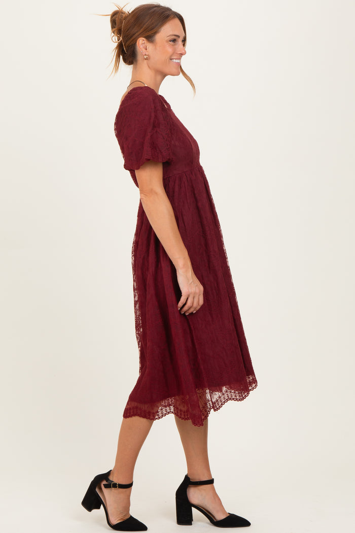 Burgundy Lace Sweetheart Neck Short Sleeve Midi Dress