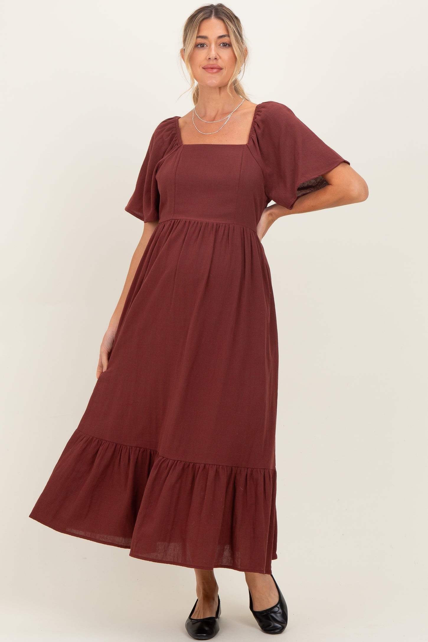 Burgundy Gingham Square Neck Ruffle Maternity Midi Dress