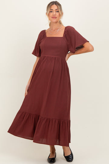 Burgundy Gingham Square Neck Ruffle Maternity Midi Dress