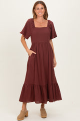 Burgundy Gingham Square Neck Ruffle Maternity Midi Dress