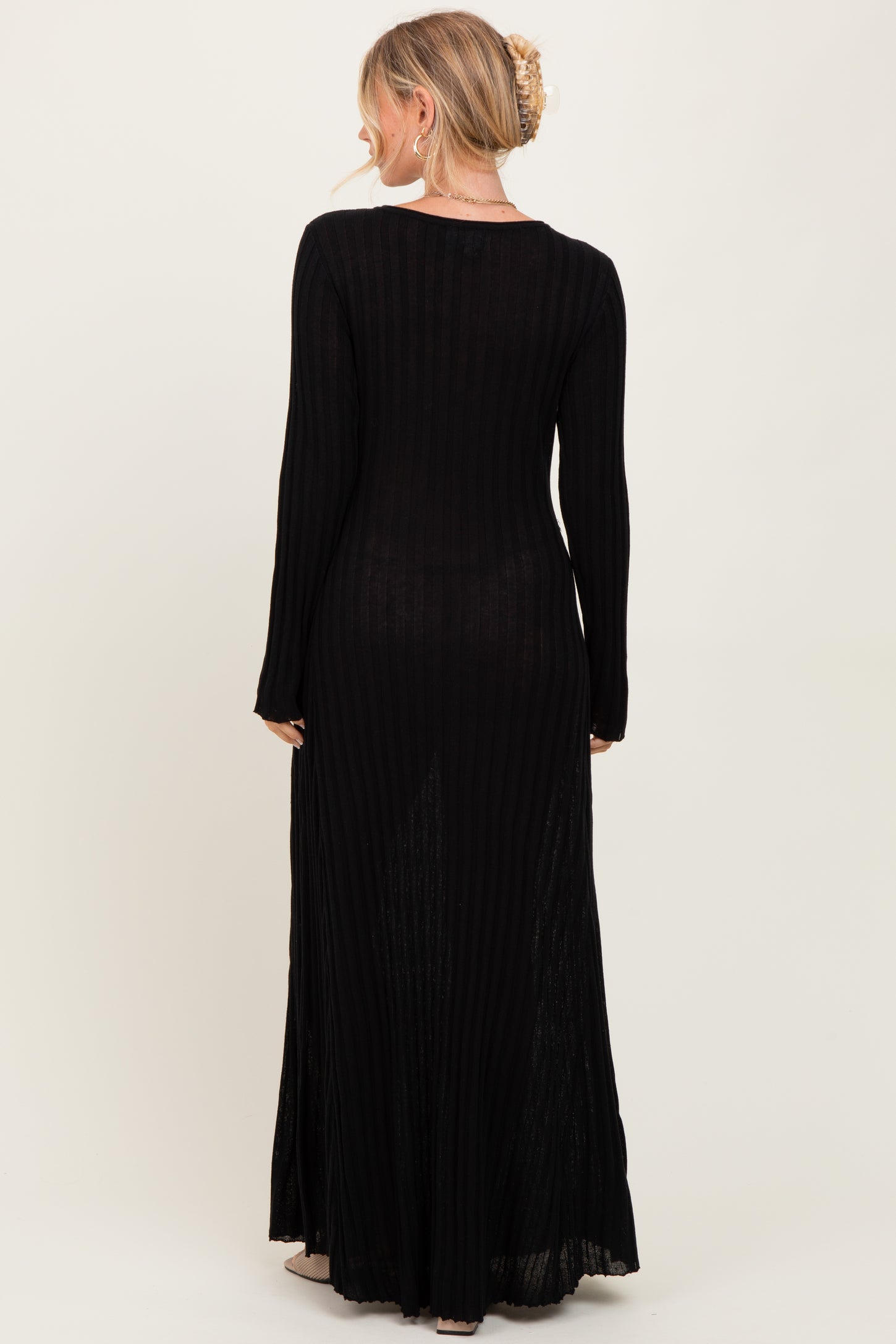 Black Ribbed Long Sleeve Maxi Dress