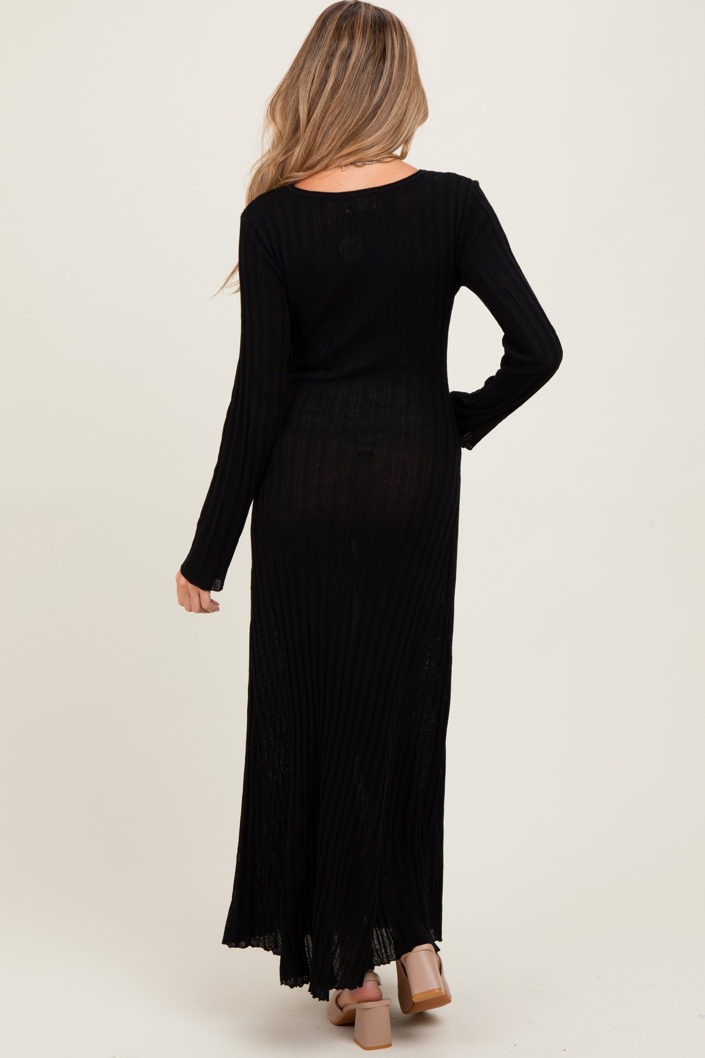Black Ribbed Long Sleeve Maternity Maxi Dress