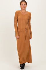 Camel Ribbed Wait Tie Midi Dress