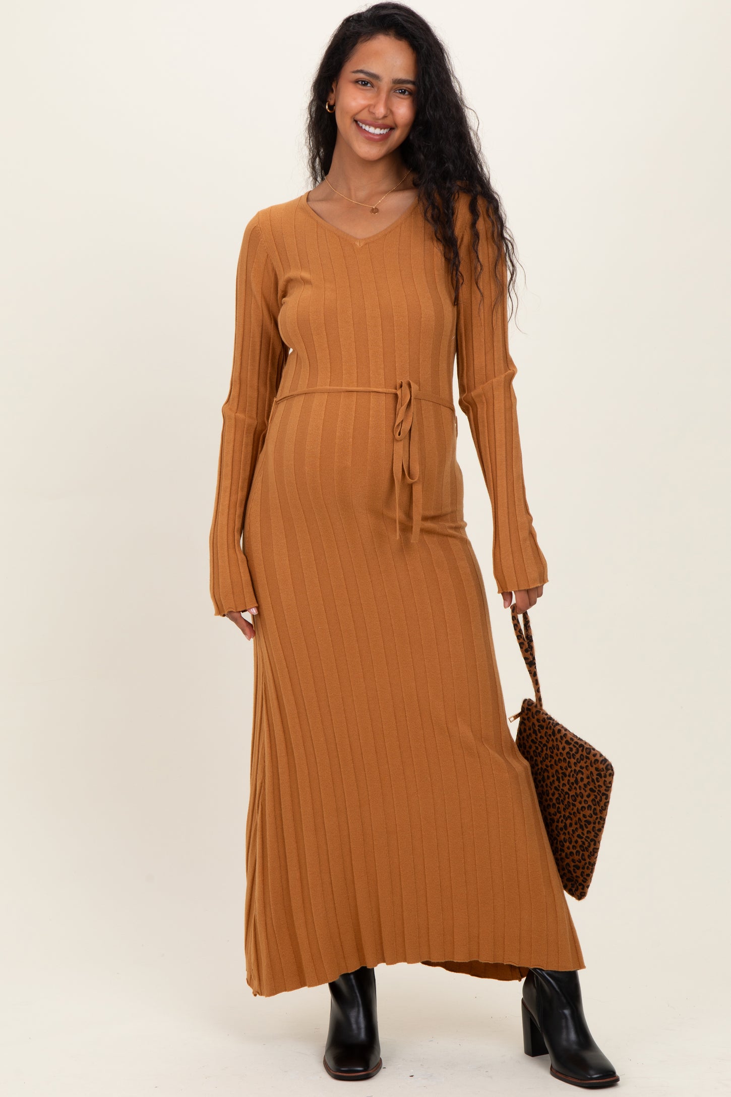 Camel Ribbed Wait Tie Maternity Midi Dress