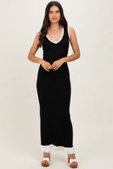 Black Knit V-Neck Contrast Ruffle Hem Maternity Maxi Dress