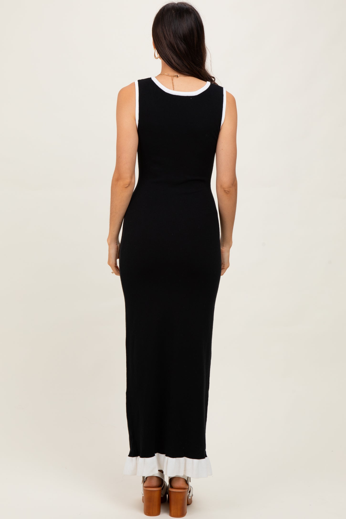 Black Knit V-Neck Contrast Ruffle Hem Maxi Dress