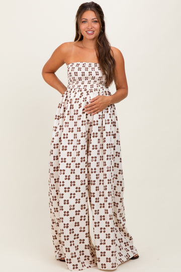 Brown Printed Smocked Wide Leg Maternity Jumpsuit