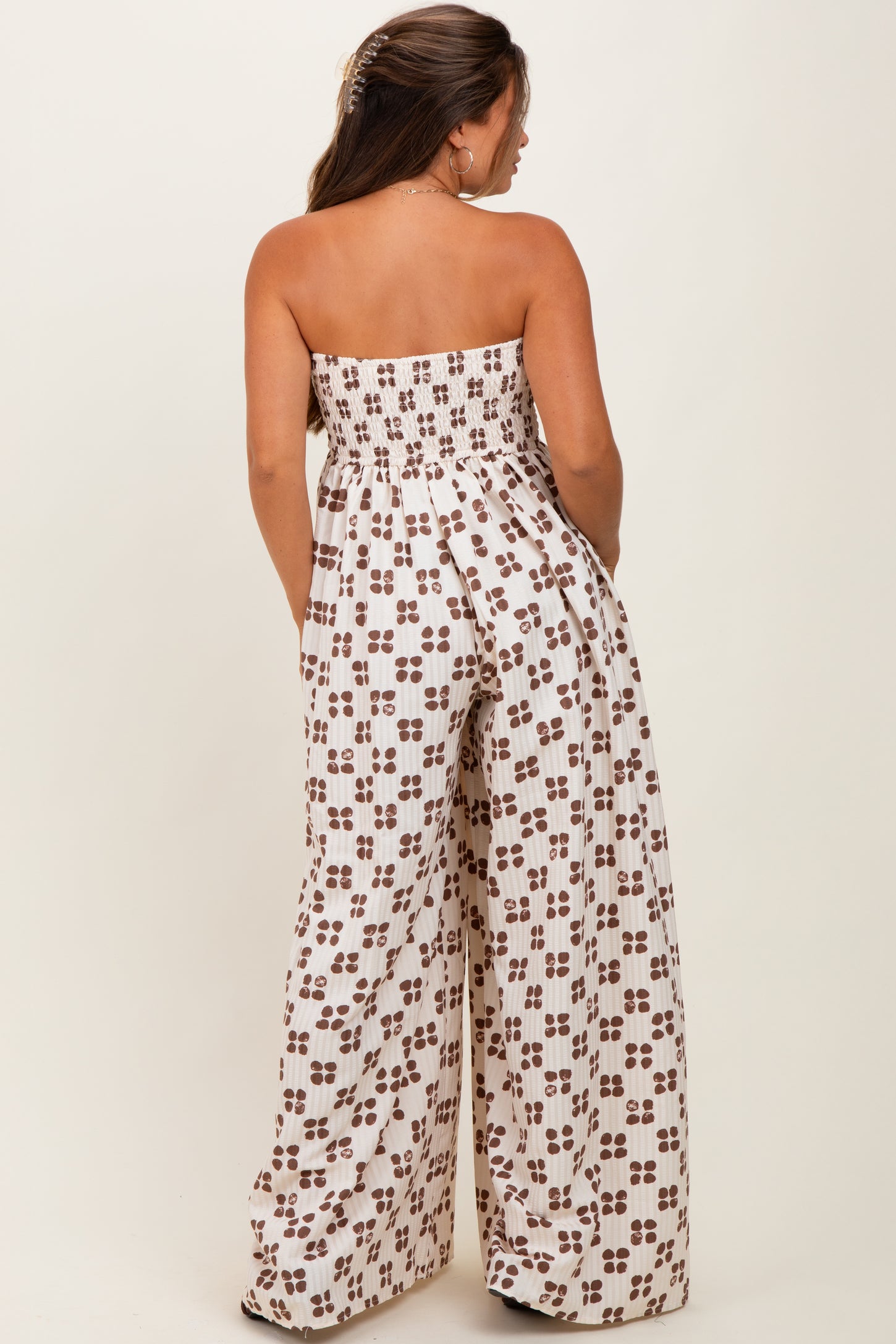 Brown Printed Smocked Wide Leg Maternity Jumpsuit