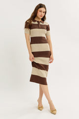 Brown Ribbed Striped Knit Polo Maternity Midi Dress