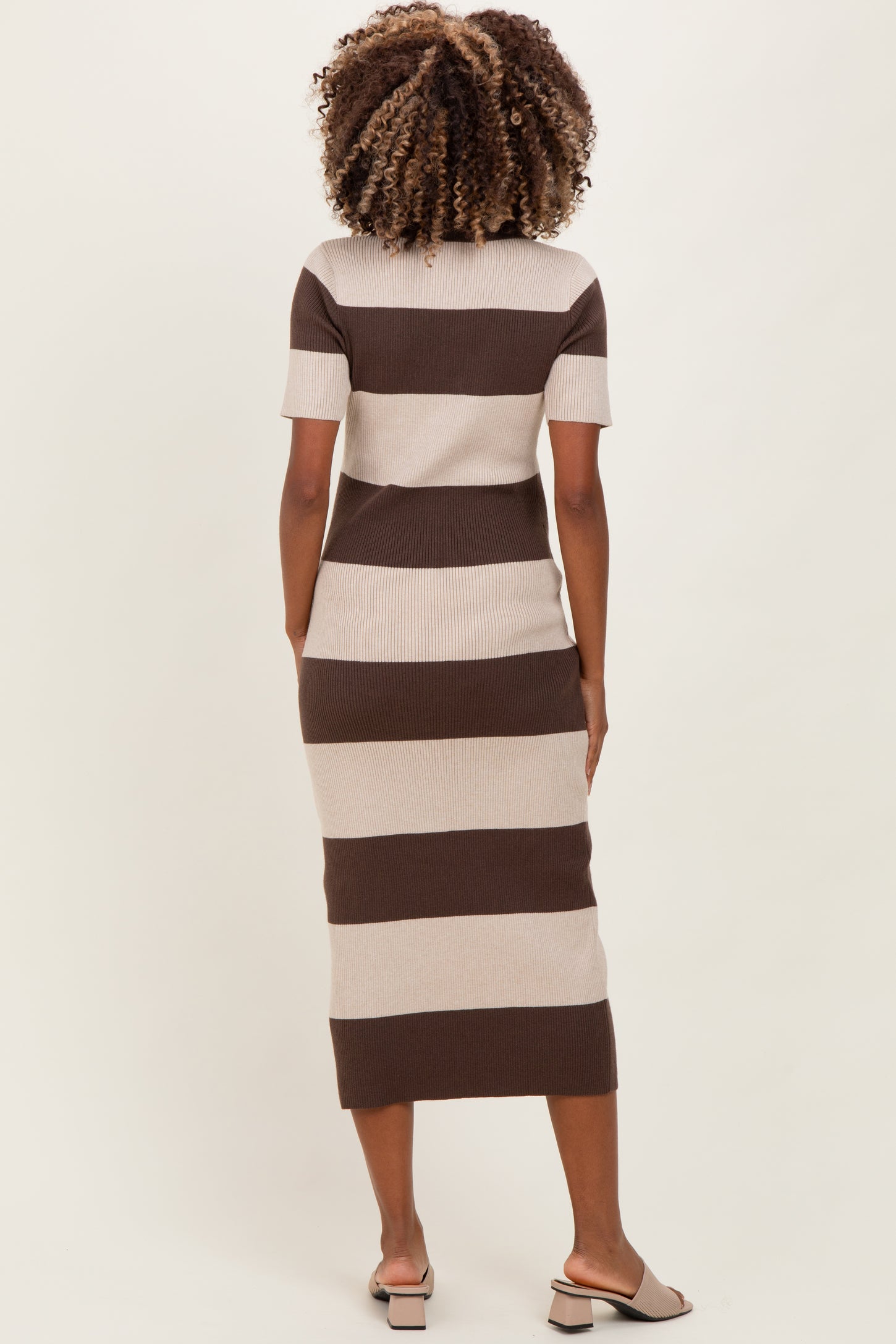 Brown Ribbed Striped Knit Polo Maternity Midi Dress
