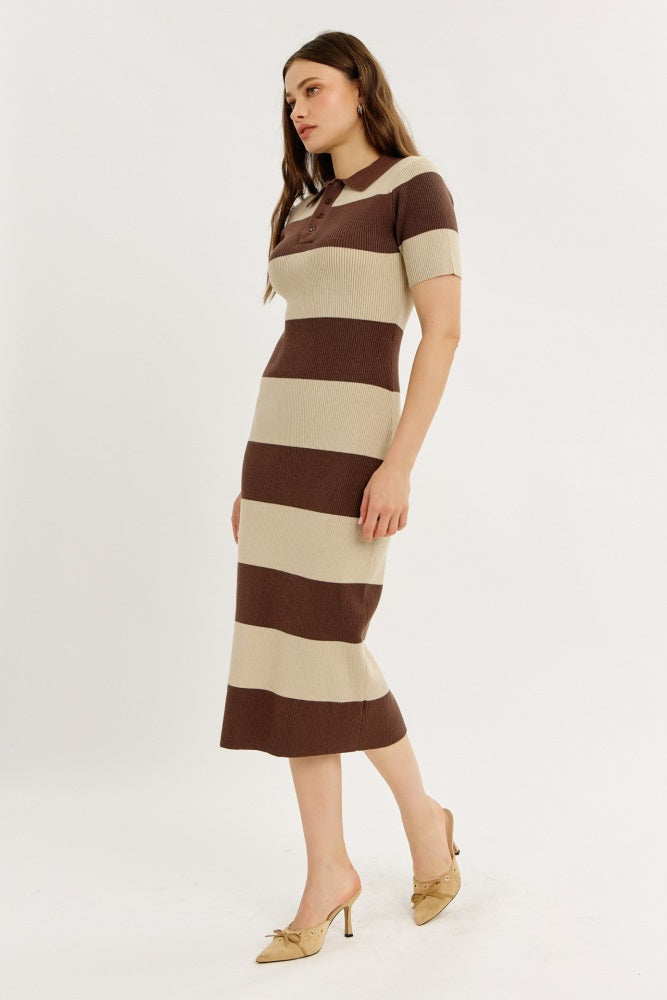 Brown Ribbed Striped Knit Polo Midi Dress
