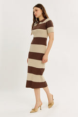 Brown Ribbed Striped Knit Polo Midi Dress