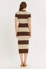 Brown Ribbed Striped Knit Polo Midi Dress