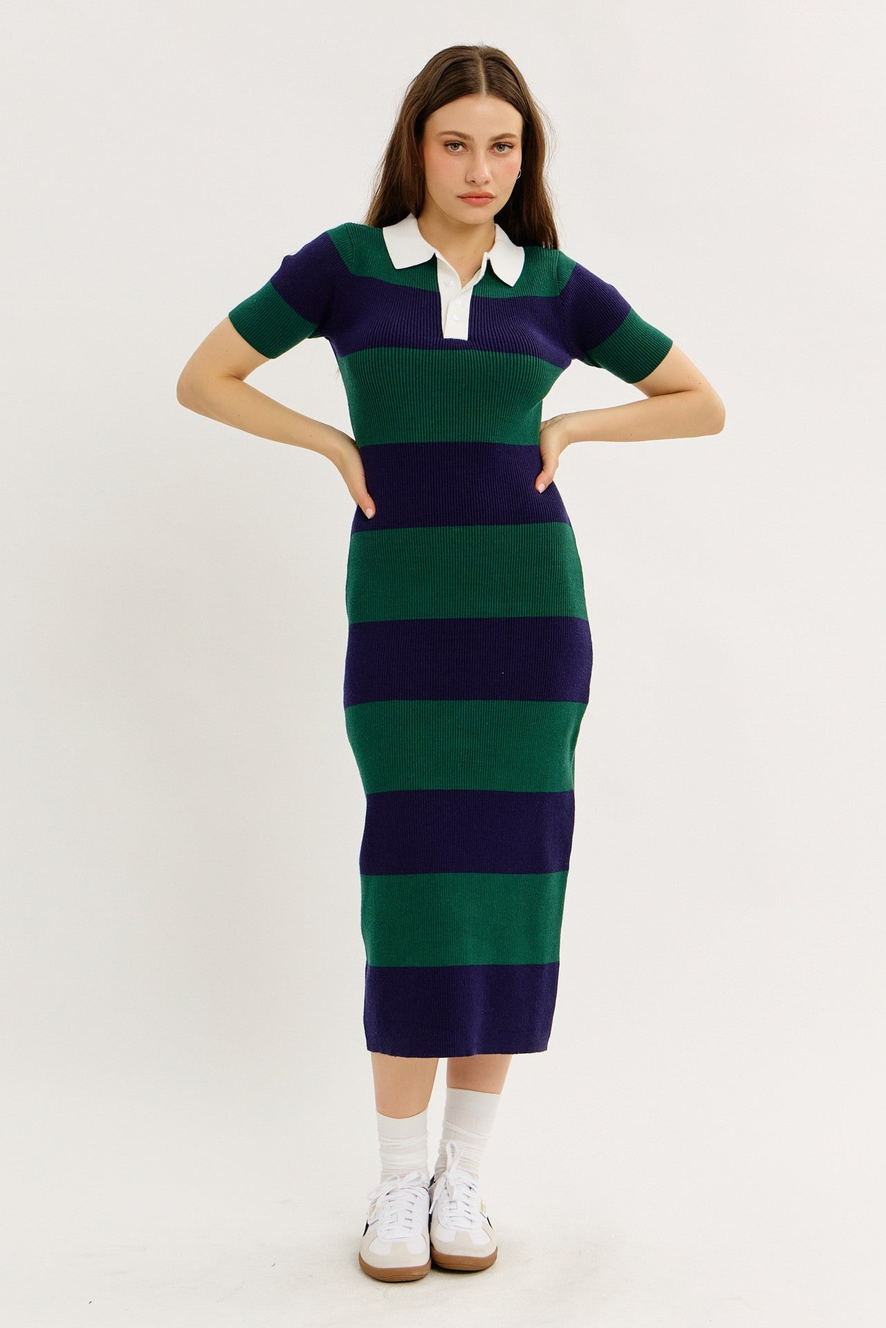 Green Ribbed Striped Knit Polo Midi Dress