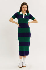Green Ribbed Striped Knit Polo Midi Dress