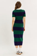 Green Ribbed Striped Knit Polo Midi Dress