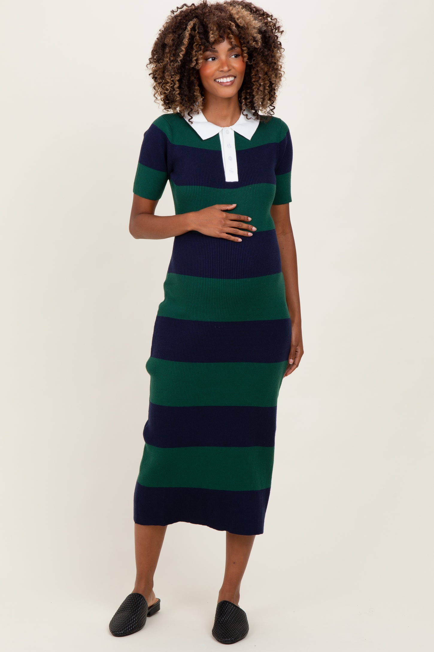 Green Ribbed Striped Knit Polo Maternity Midi Dress