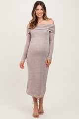 Mocha Heather Off Shoulder Long Sleeve Maternity Maxi Dress