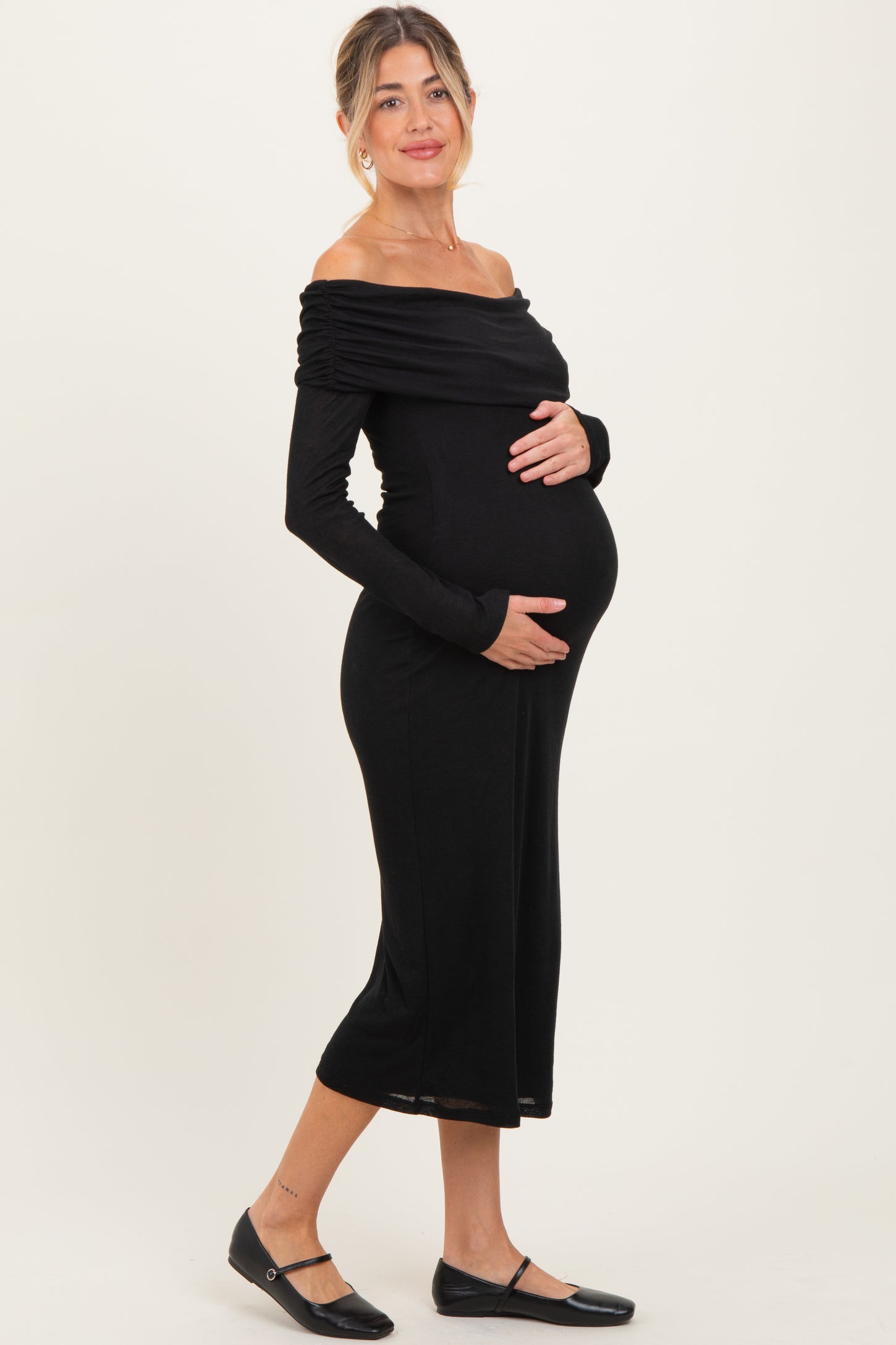 Black Off Shoulder Long Sleeve Maternity Maxi Dress