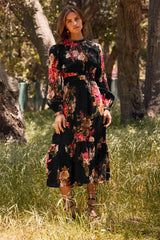 Black Floral Long Sleeve Midi Dress