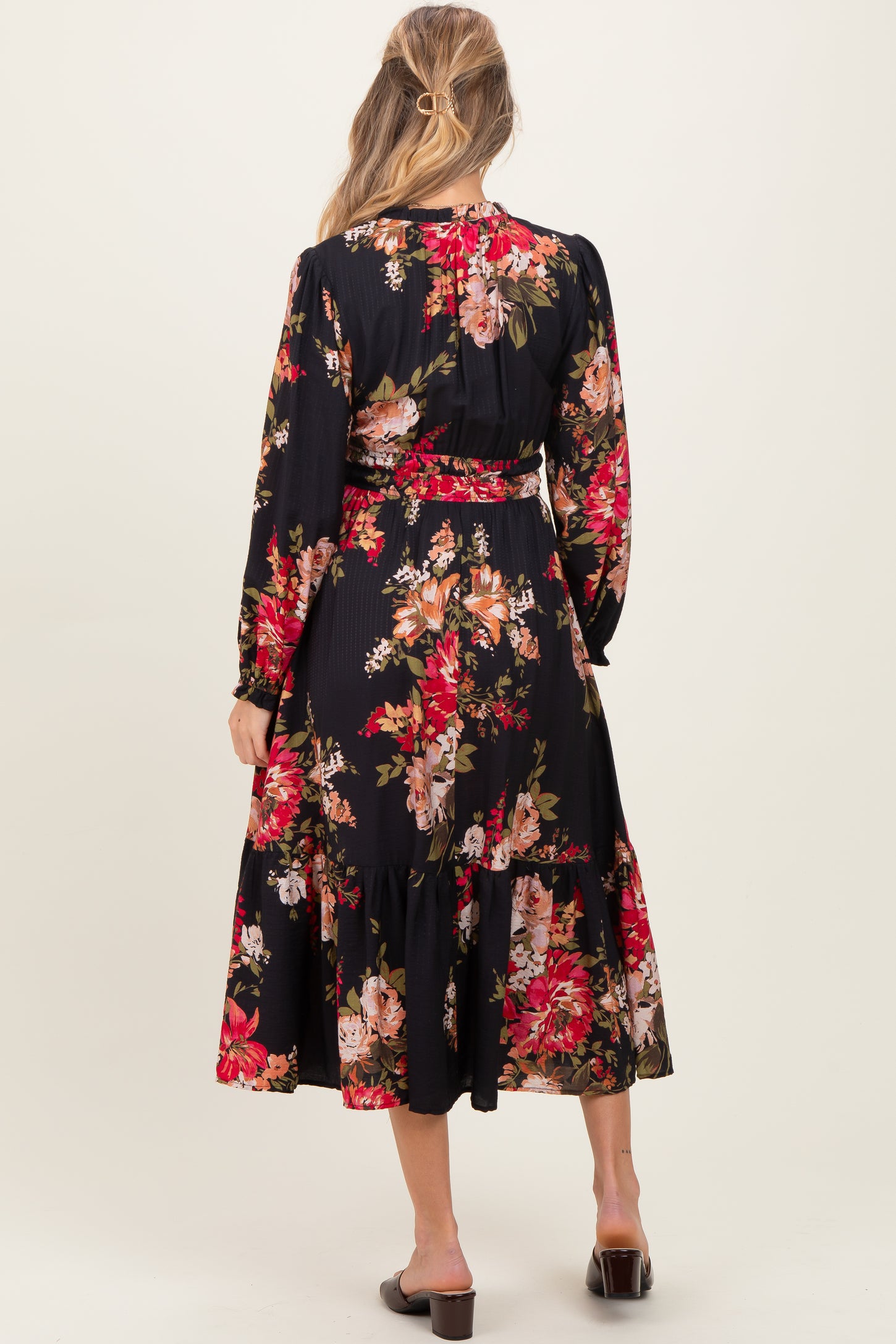 Black Floral Long Sleeve Maternity Midi Dress