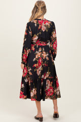 Black Floral Long Sleeve Maternity Midi Dress