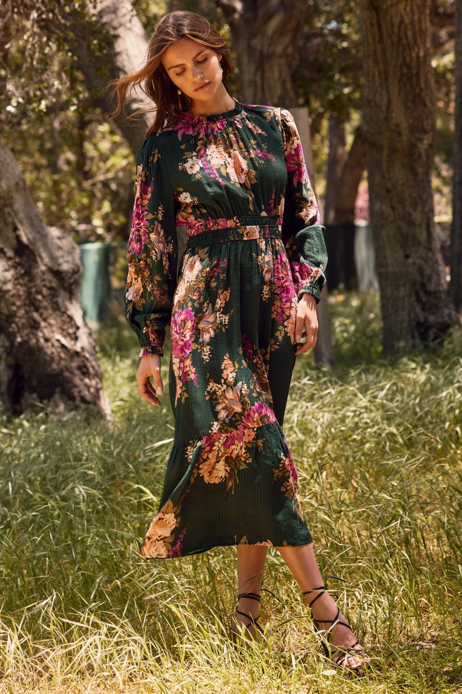 Forest Green Floral Long Sleeve Maternity Midi Dress