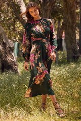 Forest Green Floral Long Sleeve Maternity Midi Dress