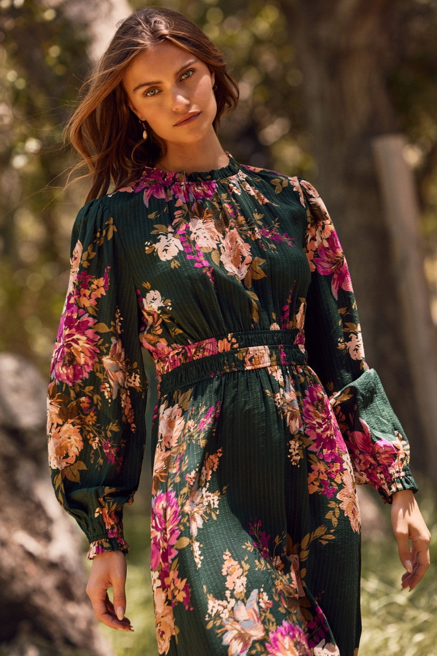 Forest Green Floral Long Sleeve Midi Dress