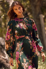 Forest Green Floral Long Sleeve Midi Dress