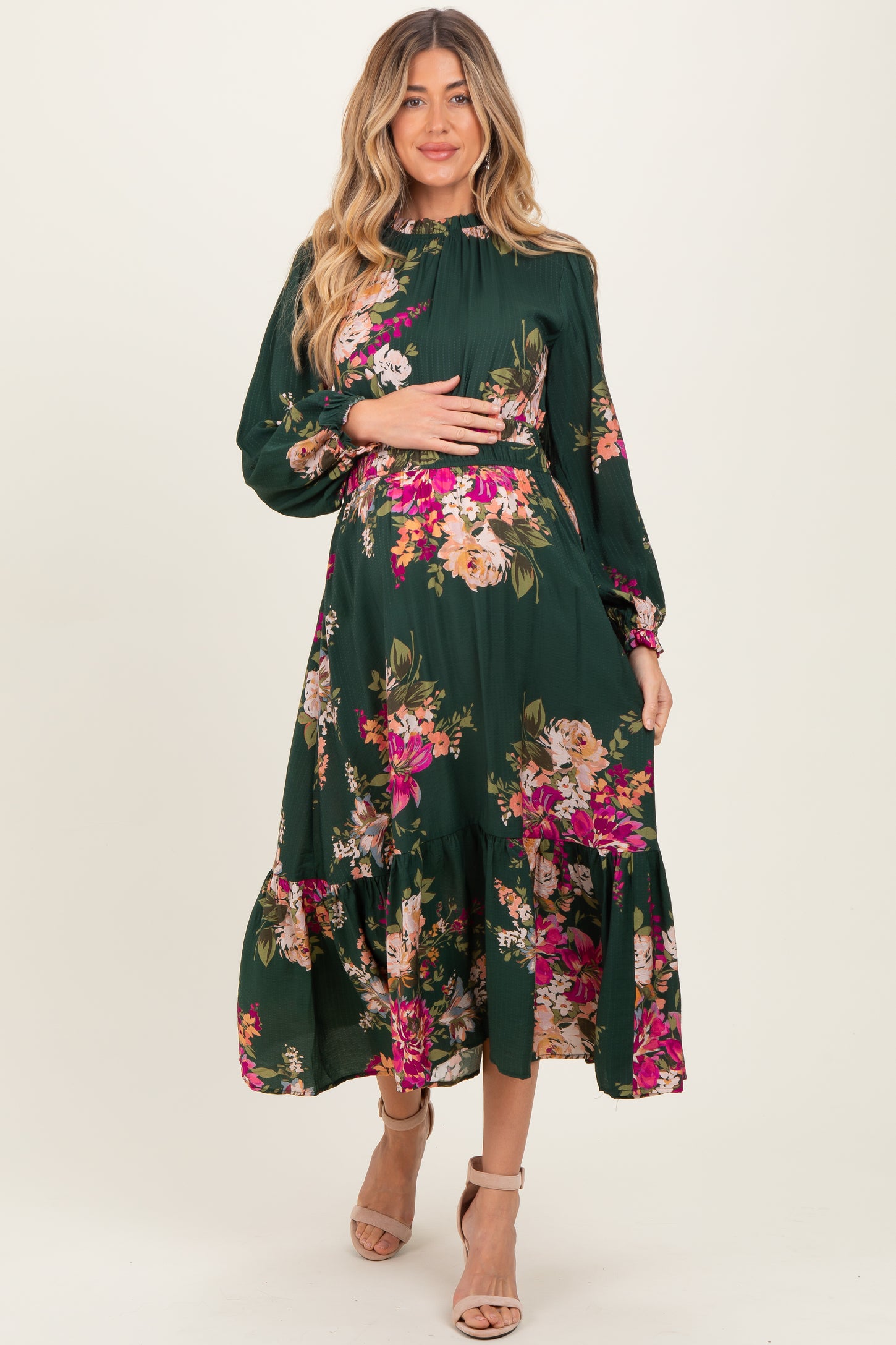 Forest Green Floral Long Sleeve Maternity Midi Dress