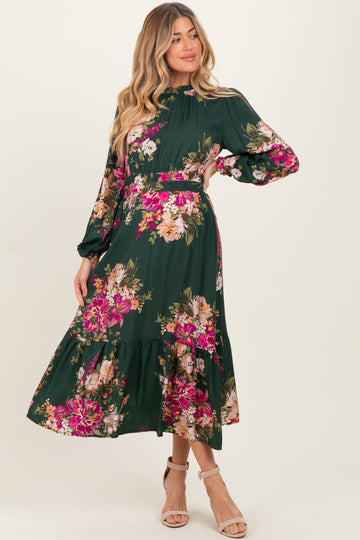 Forest Green Floral Long Sleeve Maternity Midi Dress