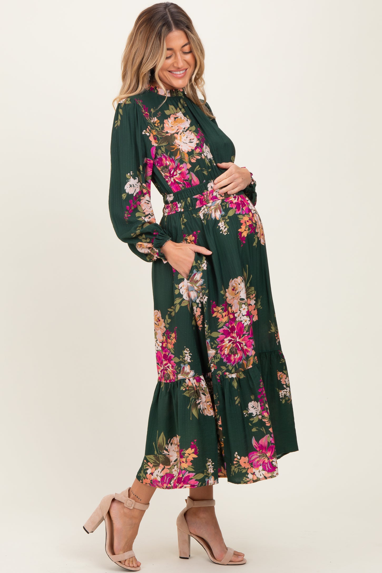 Forest Green Floral Long Sleeve Maternity Midi Dress