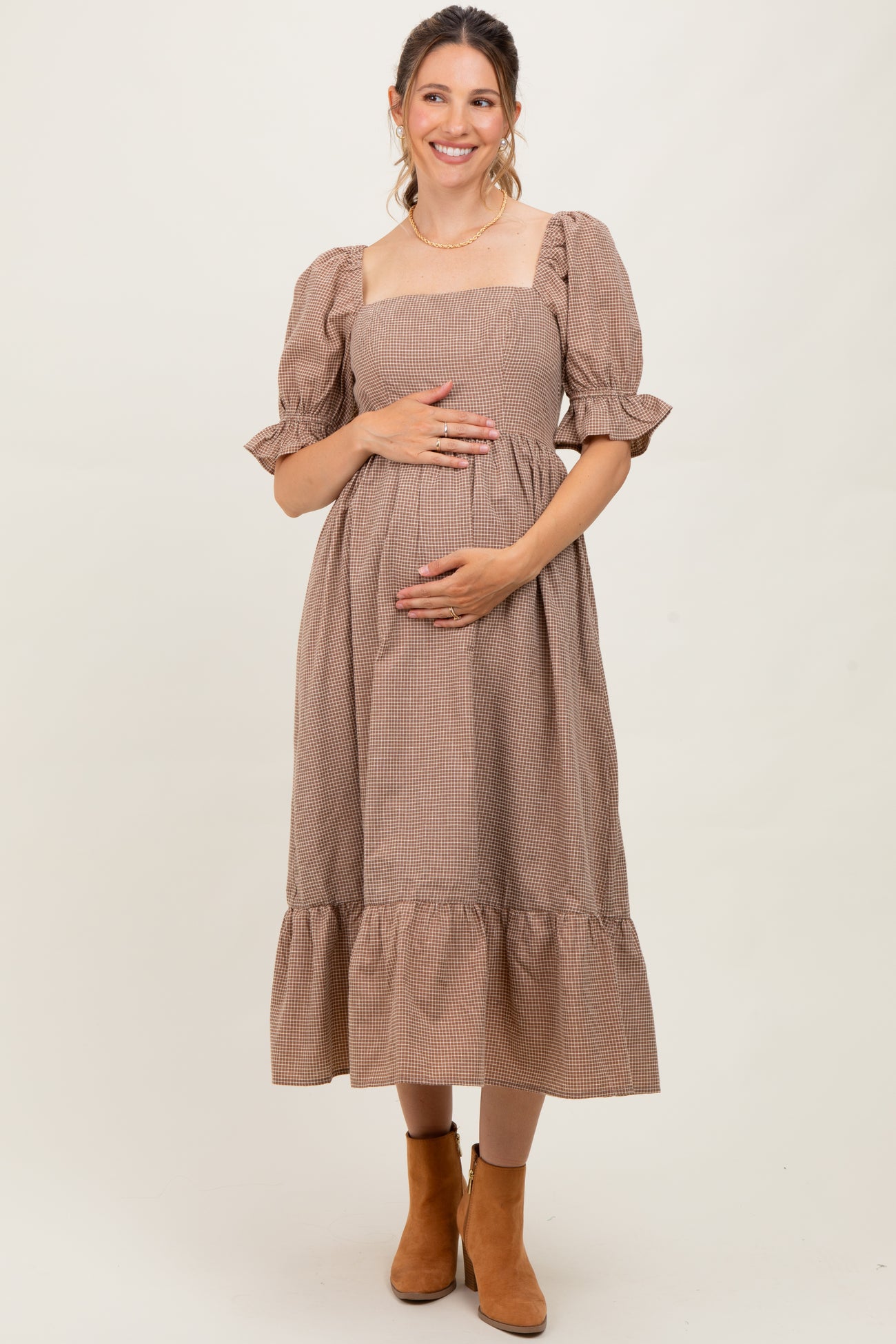 Mocha Gingham Square Neck Maternity Midi Dress