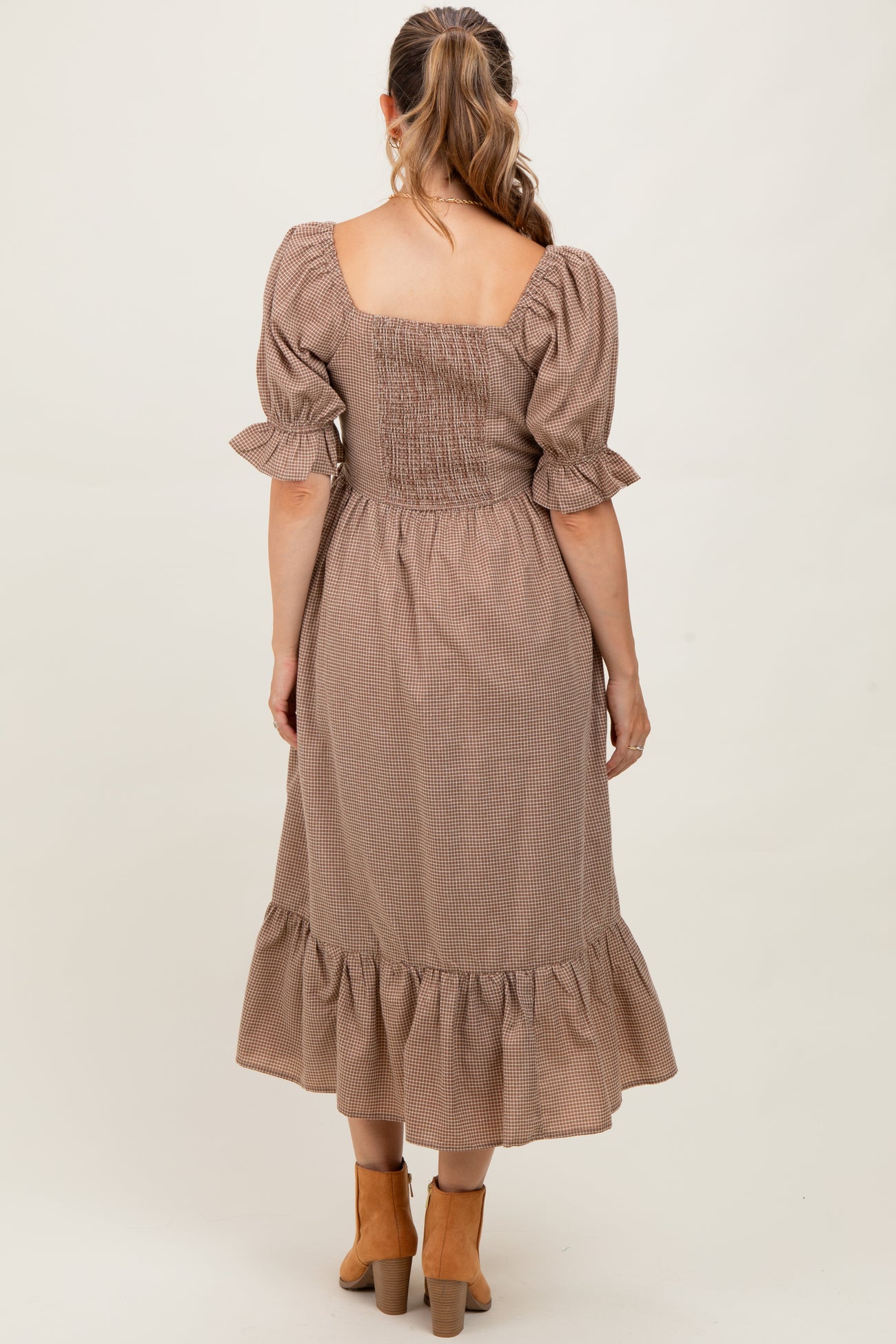 Mocha Gingham Square Neck Maternity Midi Dress