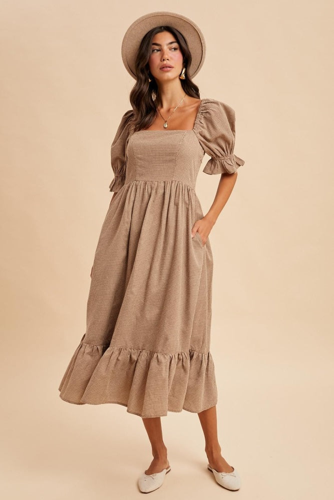 Mocha Gingham Square Neck Midi Dress