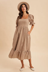 Mocha Gingham Square Neck Maternity Midi Dress