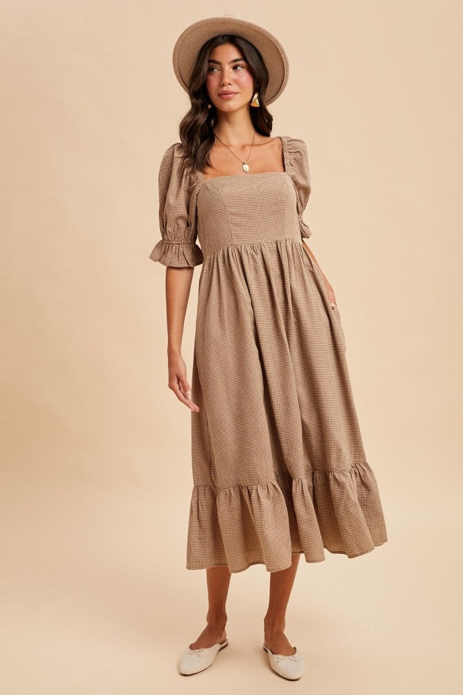 Mocha Gingham Square Neck Midi Dress